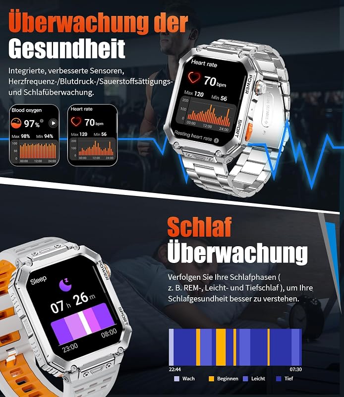 Smartwatch Herren mit großem 2,01" HD-Bildschirm, 2 Armbänder, Bluetooth-Anrufe, Herzfrequenz & SpO2-Messung, 120+ Sportmodi, IP68 wasserdicht Sportuhr iOS/Android, Silber — Foto 5 von 7