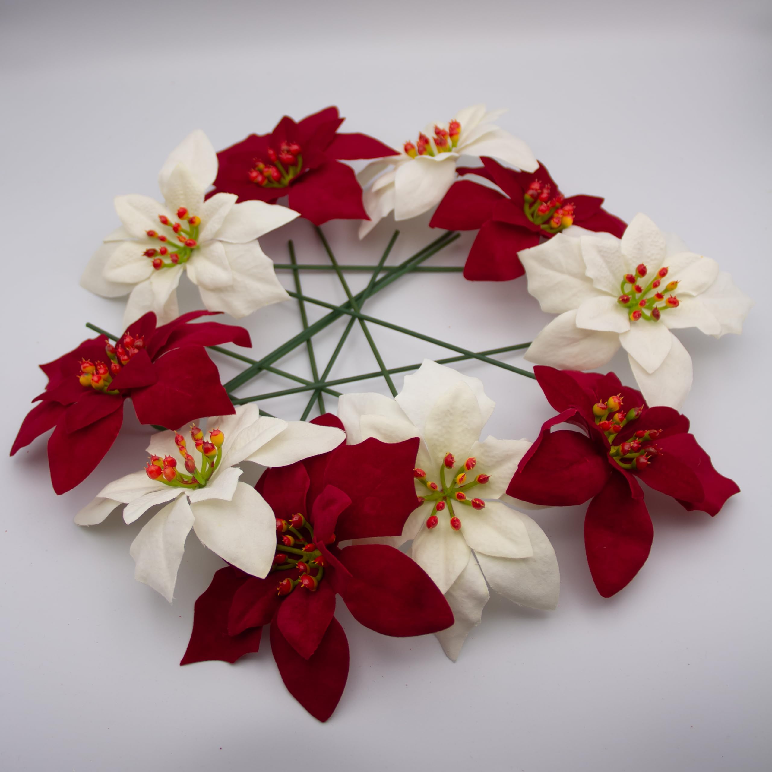 Bountiful Harvest Velvet Poinsettia Pick - 12cm diameter - Wreaths Garlands Floristry -Enchant Your Christmas Decoration with Luxurious Red Velvet Picks (72, Half Red and Half Ivory)
