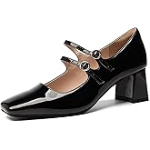 NEWBELLA Women's Mary Jane Pumps - Vintage Patent Leather Dress Shoes with Double Strap, Round Toe & 2" Chunky Heel for Office/Wedding