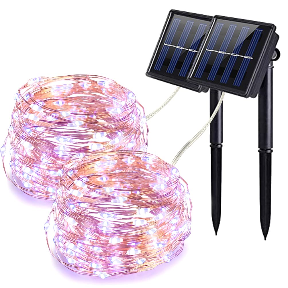 Solar String Lights Outdoor Waterproof, 2 Pack 100 LED Solar Copper Wire Garden Lights with 8 Mode 12M/33Ft, Solar Powered Patio Lights for Garden Patio Yard Home Christmas Parties Wedding (White)