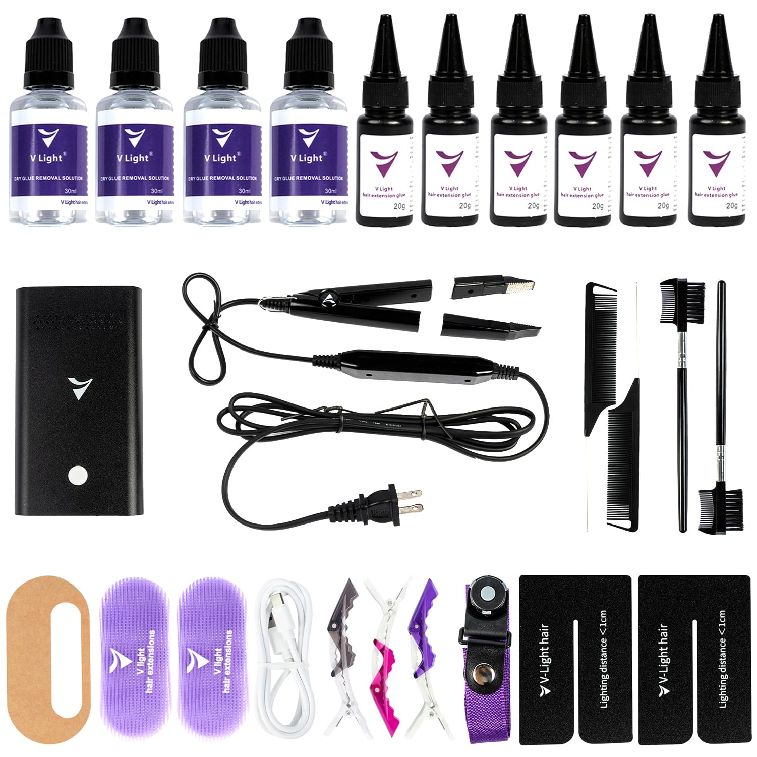 Photo 1 of V Light Hair Extensions Kit V-Light hair Extension Machine*1, Remover Machine*1, UV Glue 20g * 6, Remover Solution 20ml * 4(Black Machine Set)