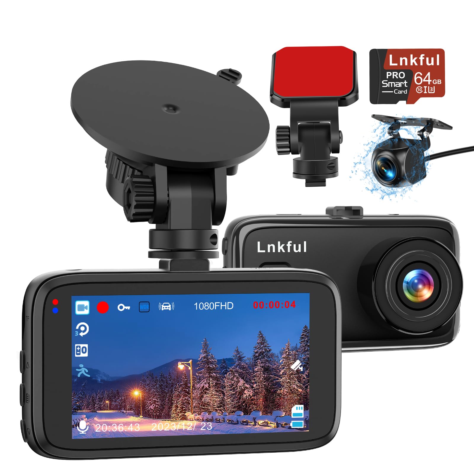 Photo 1 of Dash Camera for Cars, Dash Cam Front and Rear Dual 1080P, Dashcam with 64GB Card & 2 Suction Cup, DashCam with 3''Screen Night Vision, G-Sensor, WDR, Loop Recording, Parking Monitor