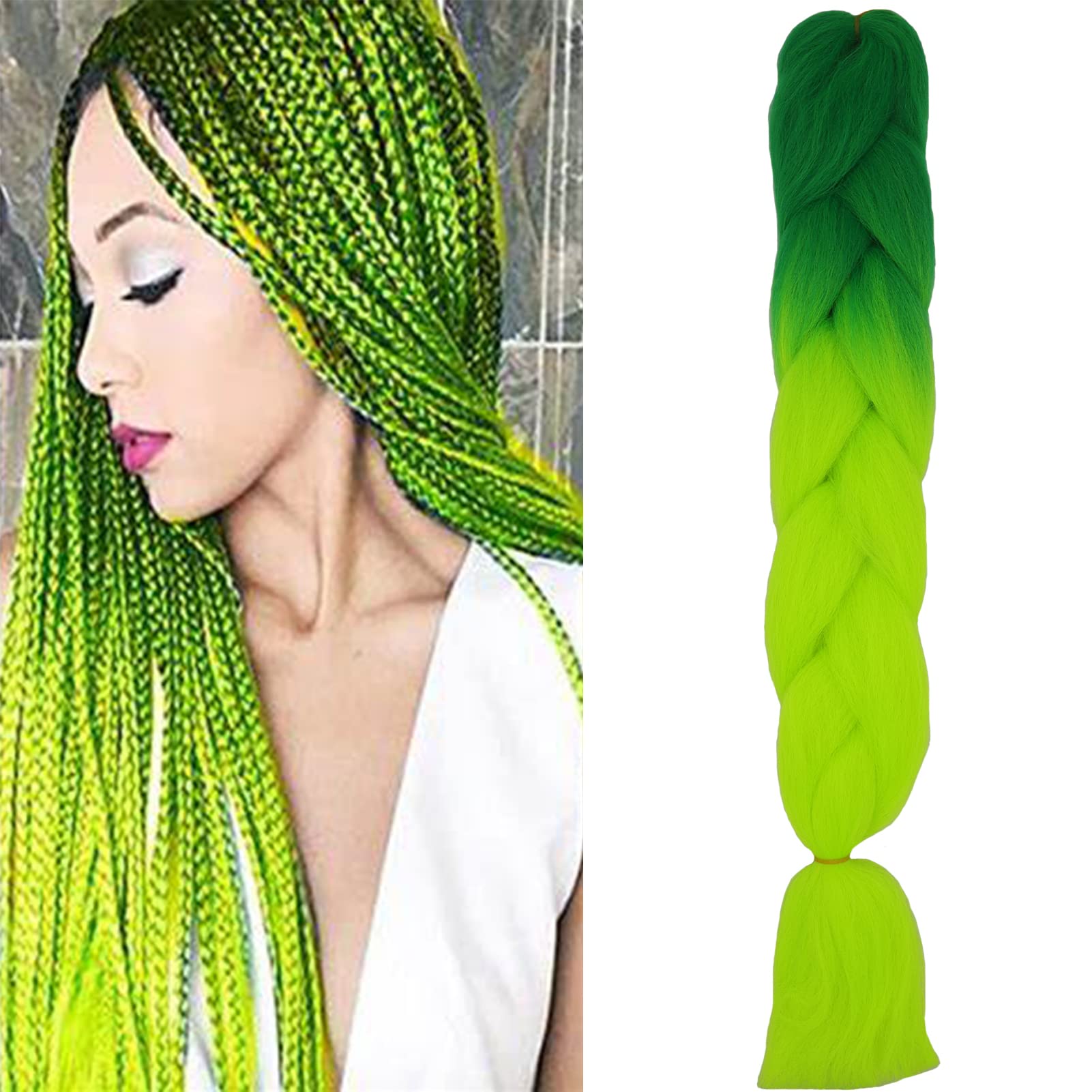 24" Braiding Hair Extension Jumbo Braids Synthetic Crochet Hair Afro Box Braid Heat Resistent(Dark Green&Yellow Green)