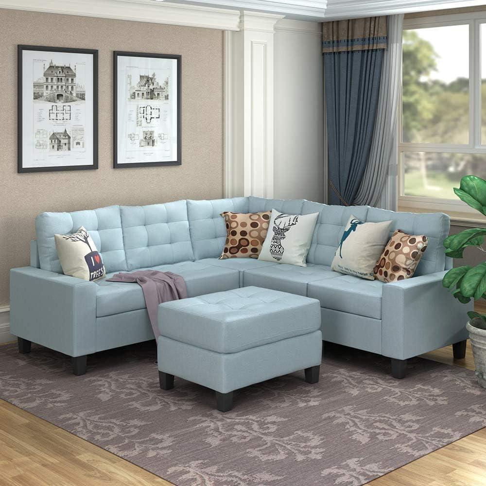 MOOSENG with Chaise Lounge and Storage Ottoman L Shape Couch Living Room Sofas, Blue