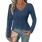 TICTICMIMI Women's V Neck Long Sleeve Henley Shirts Casual Pleated Tunic Tops