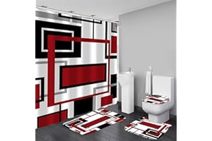Yddsky 4 Pcs Red Geometric Shower Curtain Sets Non-Slip Rugs Bath Mat, Toilet Cover, U-Shaped Mat, Abstract Geometric Modern Shower Curtain with 12 Hooks, Black and Red Bathroom Set