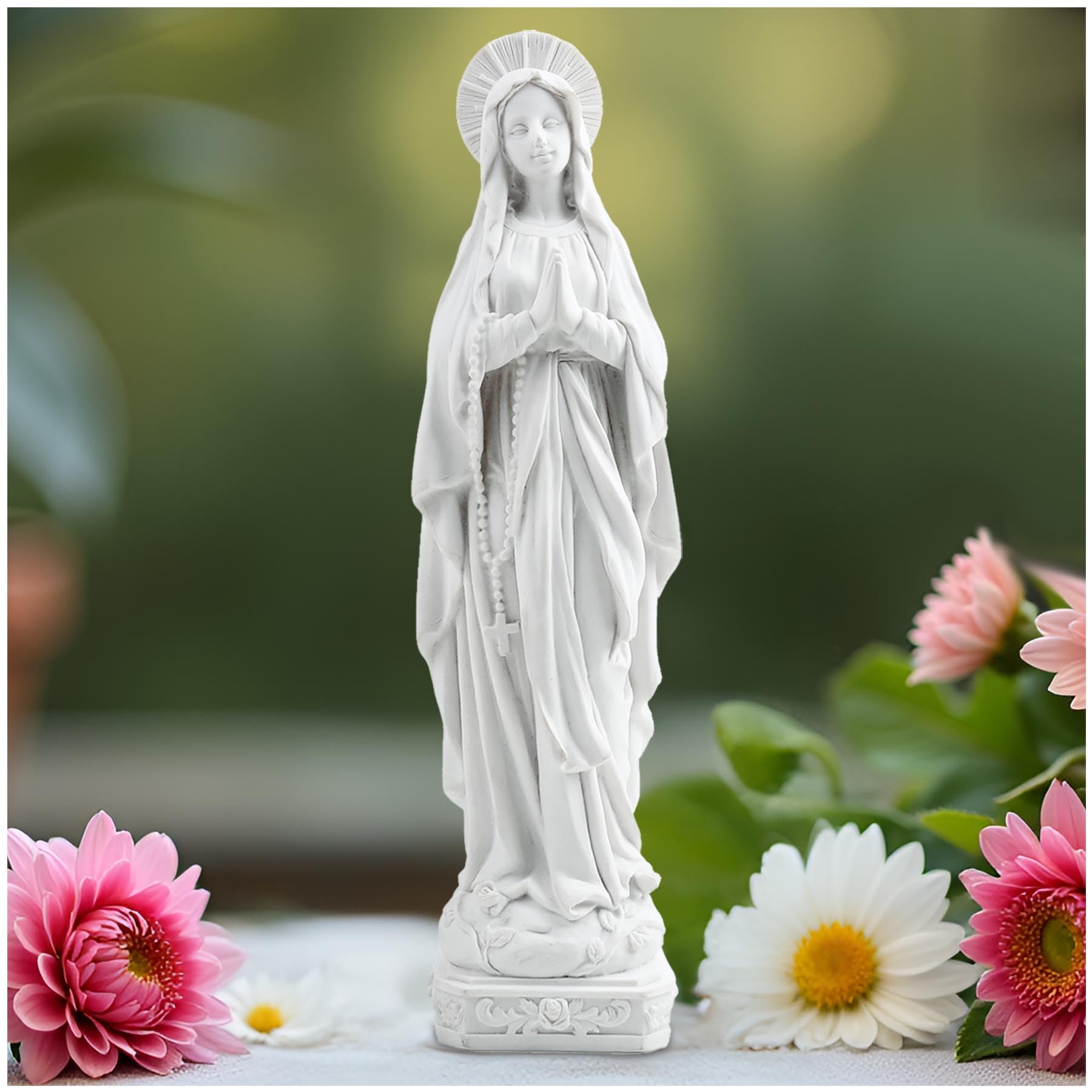 PlentifulHome Lourdes Virgin Mary Statue – Catholic Blessed Mother Mary Figurine, Suitable Religious Home Decor and Gift for Women, 28 cm Tall (White)