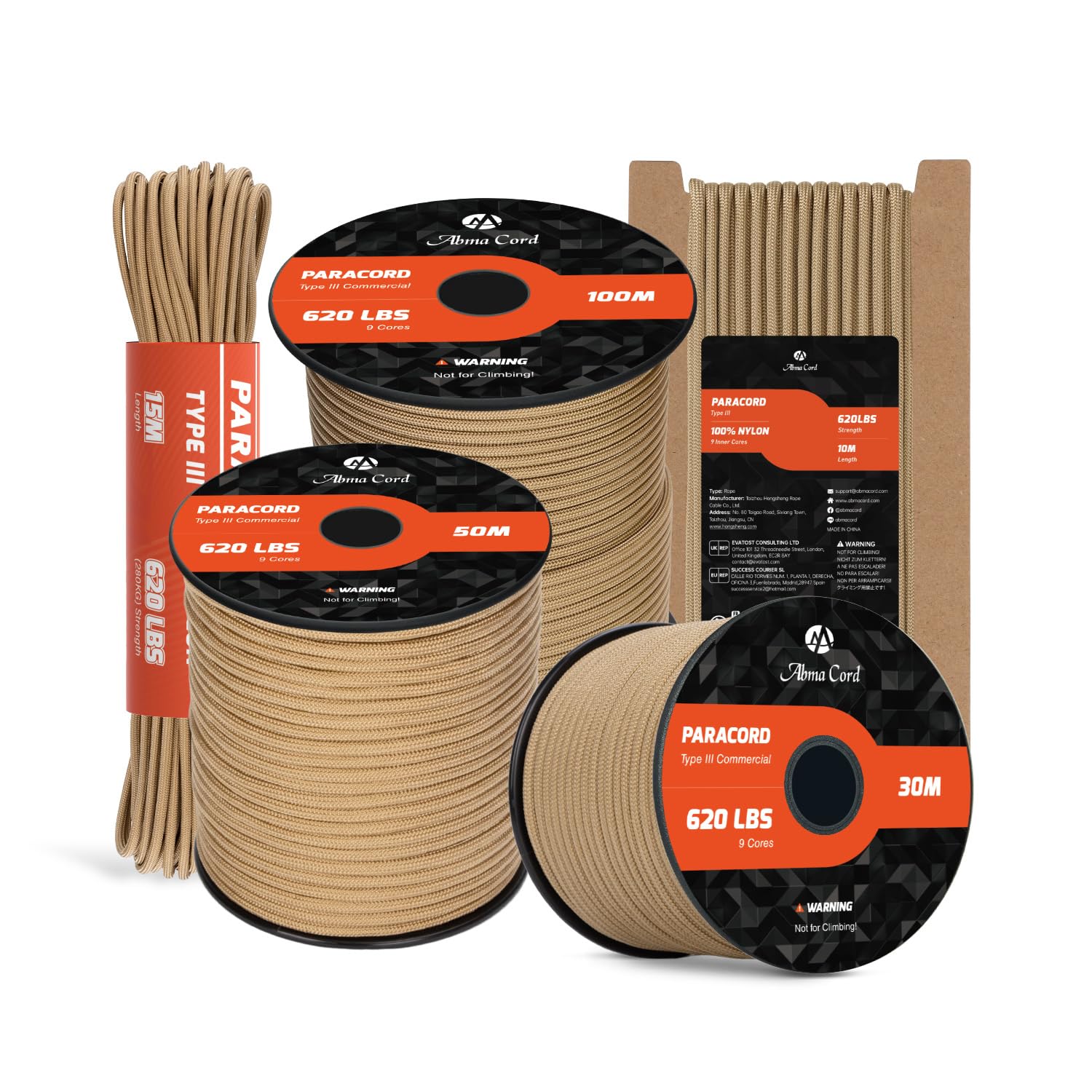 Abma Cord Paracord 4mm 100m 100% Nylon Rope 9 Strands Type III Parachute Cord for DIY, Camping, Survival, Outdoor - Max. 280kg - Tan