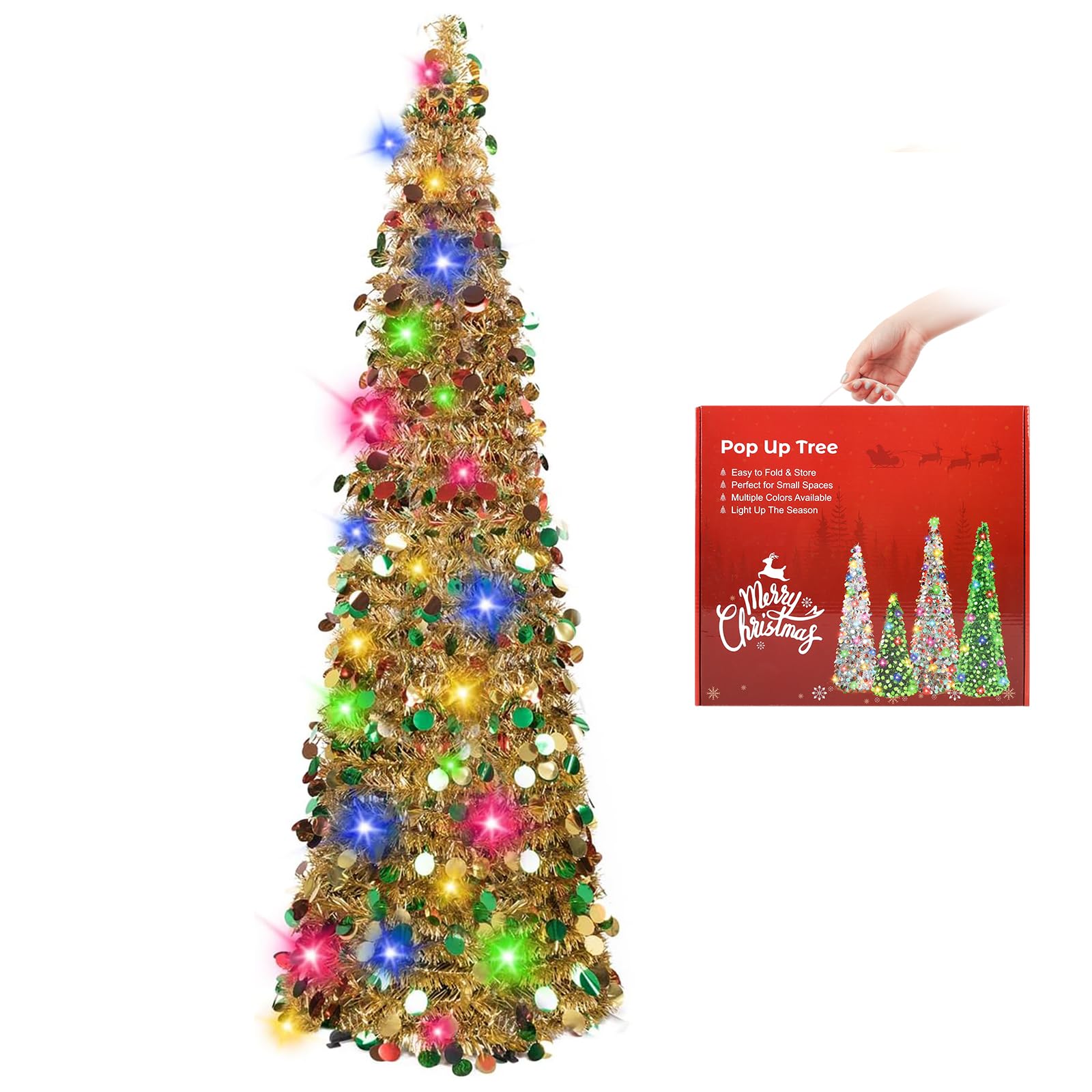 N&T NIETING Christmas Tree, 5ft Collapsible Pop Up Christmas Trees Gold Mix Tinsel Coastal Christmas Tree for Holiday Xmas Decorations, Home Display, Office Decor