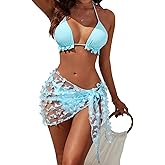 Blooming Jelly Womens 3 Piece Swimsuits Triangle Halter Thong Bikini Set Butterfly Bathing Suits Sarongs