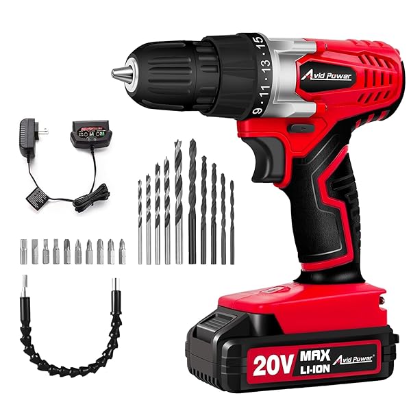AVID POWER 20V MAX LITHIUM LON CORDLESS DRILL SET, POWER DRILL KIT WITH BATTERY AND CHARGER, 3/8-INCH KEYLESS CHUCK, VARIABLE SPEED, 16 POSITION AND 22PCS DRILL BITS (RED)