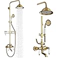 Gmusre Antique Brass Shower System Outdoor Shower Fixtures with 8 Inch Rain Shower Head and Double Cross Handles Bathroom Shower Faucet Set