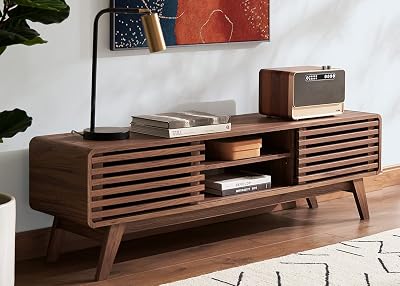 mopio Ensley 59" TV Stand with Slatted Door, Mid Century Modern Entertainment Center for 55/60/65 inch TV, Farmhouse Media Console with Storage, Adjustable Shelves, Round Edges, Living Room (Walnut)