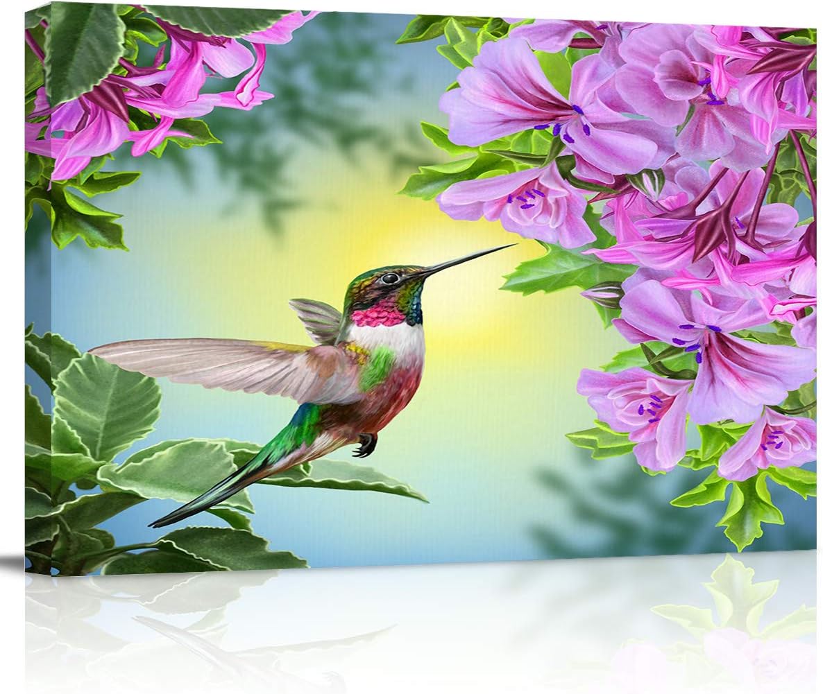 Paintings - Krisyeol Hummingbird Canvas Wall Art Painting Wall Decor Purple Flowers Spring Theme Painting on Canvas Artwork Wall Art for Office/Living Room/Bathroom Wall Decor 16x20inch