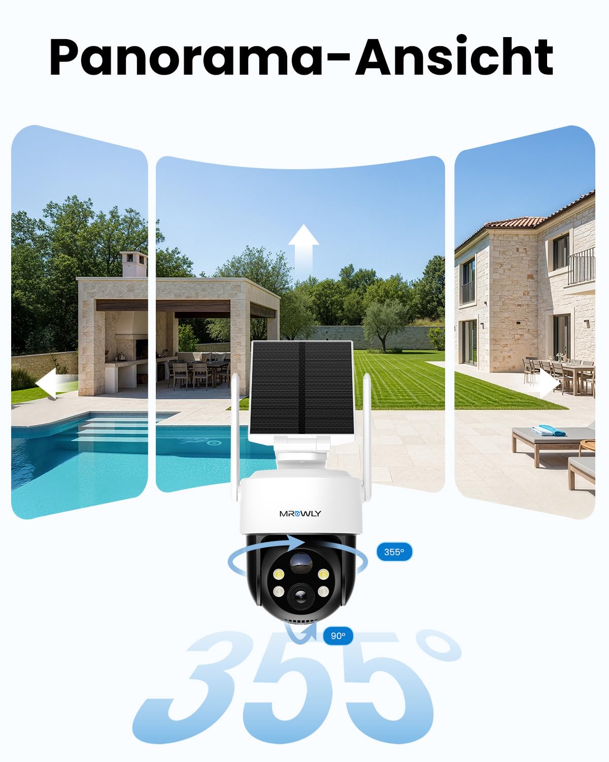 Mrowly 2K Überwachungskamera Aussen Solar, 360° PTZ Kamera Überwachung Aussen Akku, 2,4GHz WLAN Kamera mit PIR Bewegungsmelder, Farbnachtsicht, 2-Wege-Audio, IP66, Cloud/SD Speicher 3