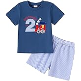 YOKJZJD Toddler Baby Boy Choo Choo I'm Two 2nd Birthday Outfit Train Short Sleeve T-Shirt Striped Shorts Set Summer Clothes