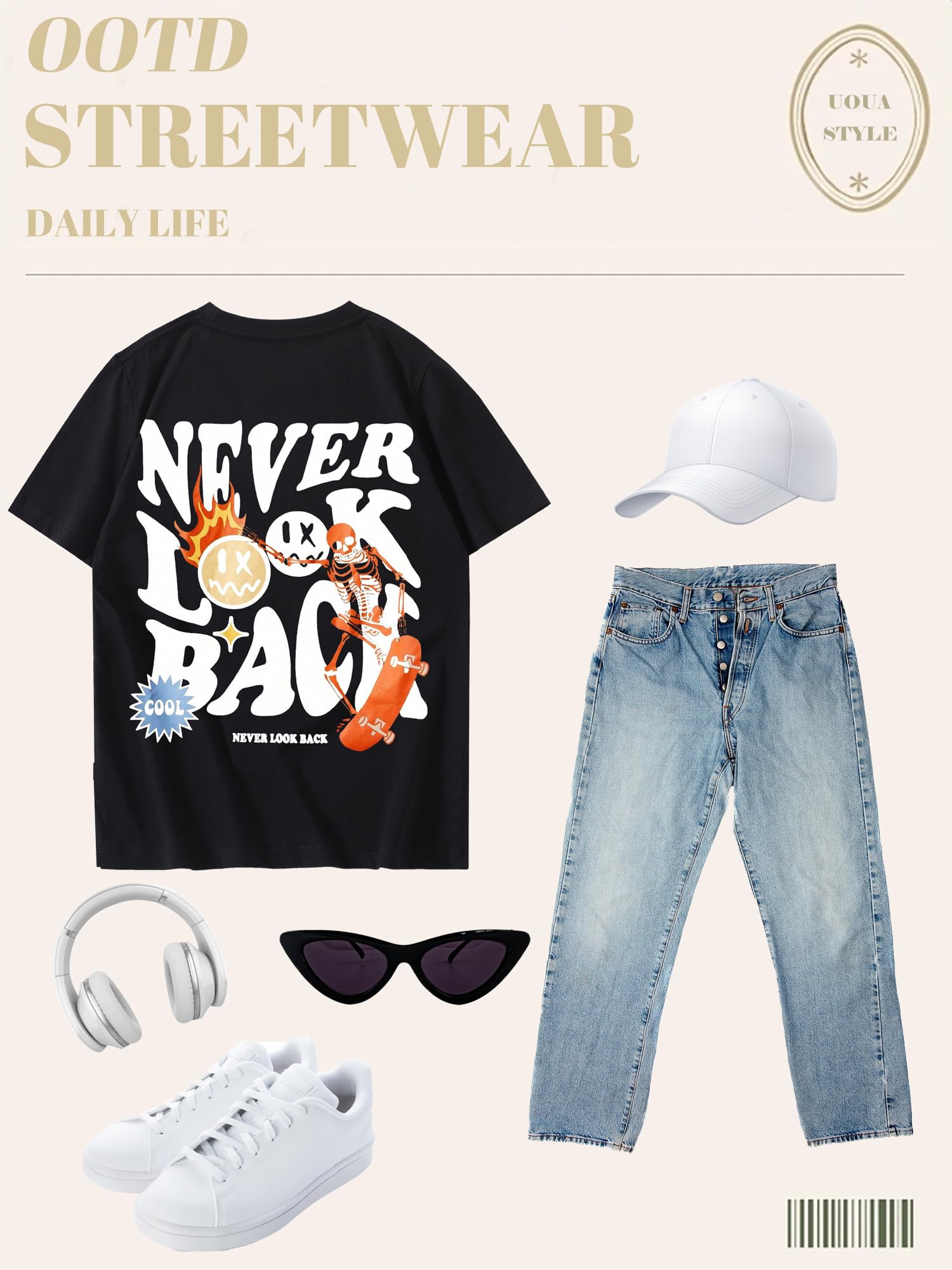 UOUA Mens Graphic Tees Vintage T-Shirts Oversized Letter Print Casual Crewneck Cotton Top Short Sleeve Rapper Streetwear