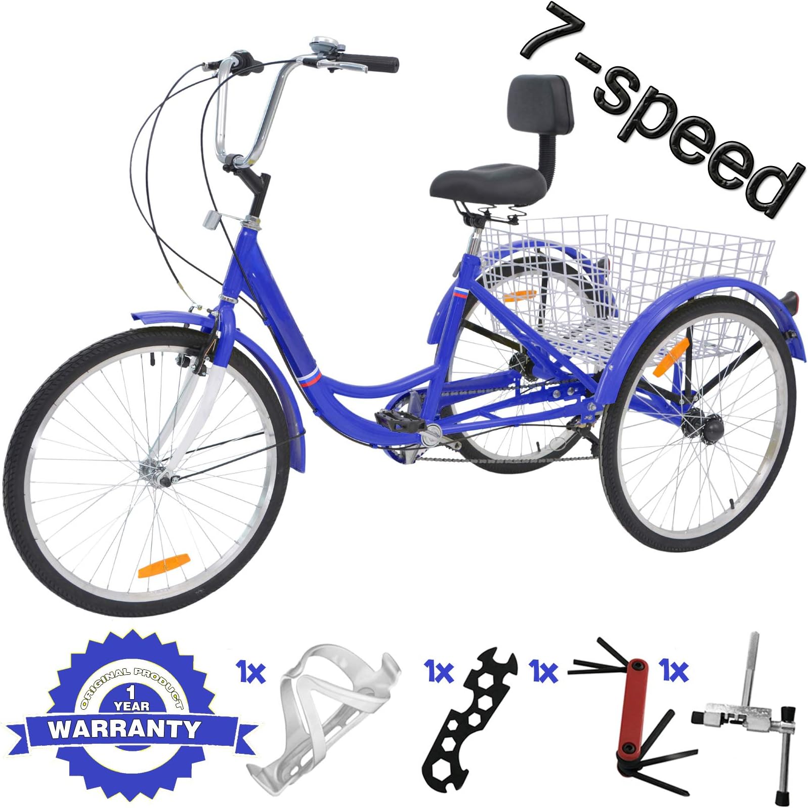 VANELL 7/1 Speed Tricycle Adult 20/24/26 in Trike Cruise Bike 3 Wheeled Bicycle W/Large Size Basket for Women Men Shopping Exercise Recreation