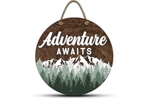 Adventure Awaits Hanging Wall Sign, 12" Wood Round, Green Trees Brown Background, Rustic Home Decor, Woodland Baby Shower Decorations,Hickory Hollow Designs (Adventure Awaits (Dark Walnut))