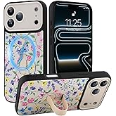 SOKAD Magnetic Floral Case for iPhone 17 Pro Max with Finger Strap Kickstand, Compatible with Magsafe, Cute Flower Designed for Women Men, Full Camera Protection Cover, White