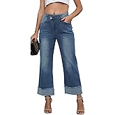 Genleck Wide Leg Cropped Jeans for Women Trendy High Waisted Crossover Boyfriend Jeans Mom Baggy Stretchy Denim