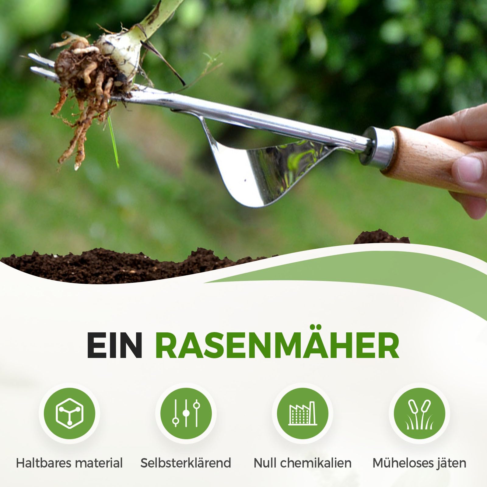 Generisch Unkrautentferner Länge 30cm, 2026 Neu Wurzeljäter mit Holzgriff, Unkrautstecher Edelstahl, 2-in-1 Unkrautrechen und Gartenhacke, Garden Hand Weeder zum Graben, Jäten, Lösen (1PC) 4