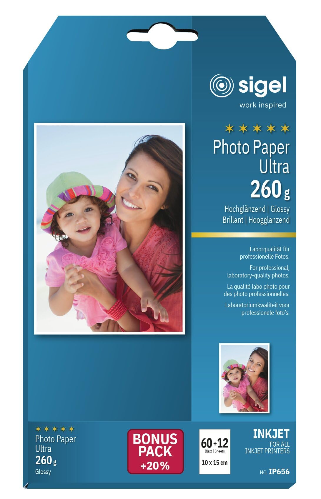 SIGEL IP656 InkJet Ultra Photo Paper, Photo Format, glossy, 260 gsm, 10x15 cm, 60+12 sheets