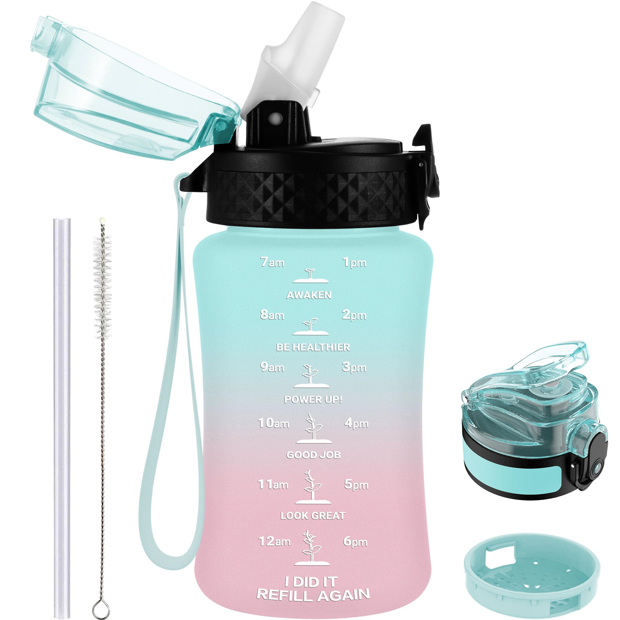 GOPPUS 350ml/12oz Kids Water Bottle With Straw Tritan Drinks Bottle with Strap Small Toddler Juice Bottles with Flip Top Lid Leakproof Children's Cup with Time Marking BPA free Girl Boy (Green Pink)