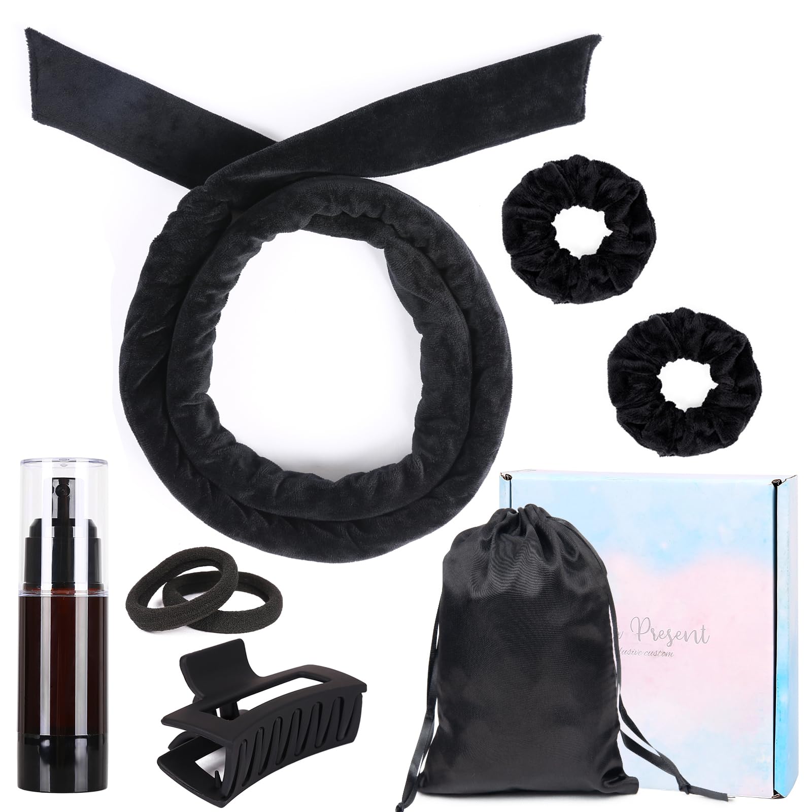 Heatless Curlers Headband, Soft Velour Heatless Curls, Overnight Heatless Hair Curling Set, Hair Curlers No Heat for Short & Long Hair (Black)