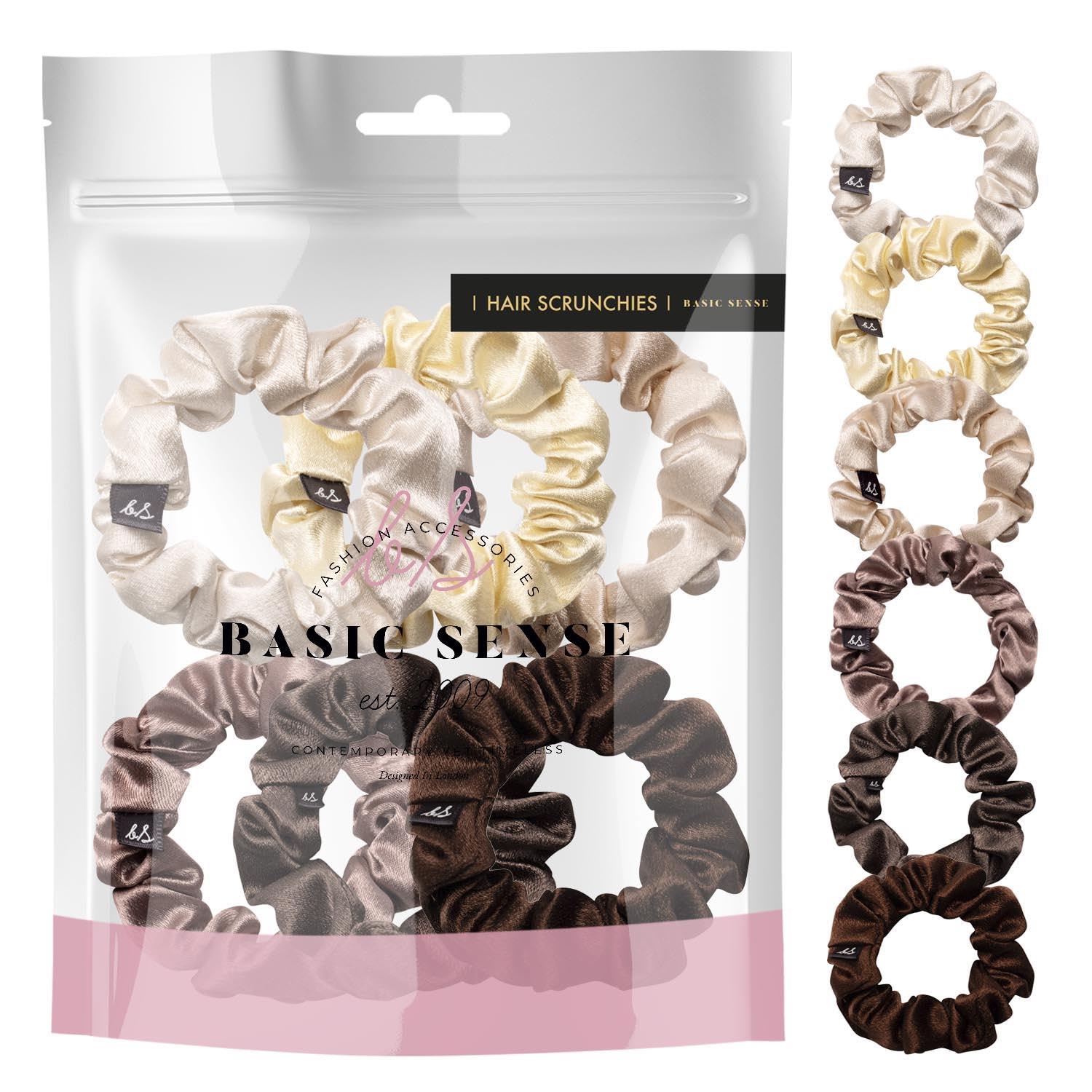 Basic Sense Skinny Satin Hair Scrunchies for Fine Hair, Snag-Free, Strong Hold, A set of 6pcs, Brown Assortment