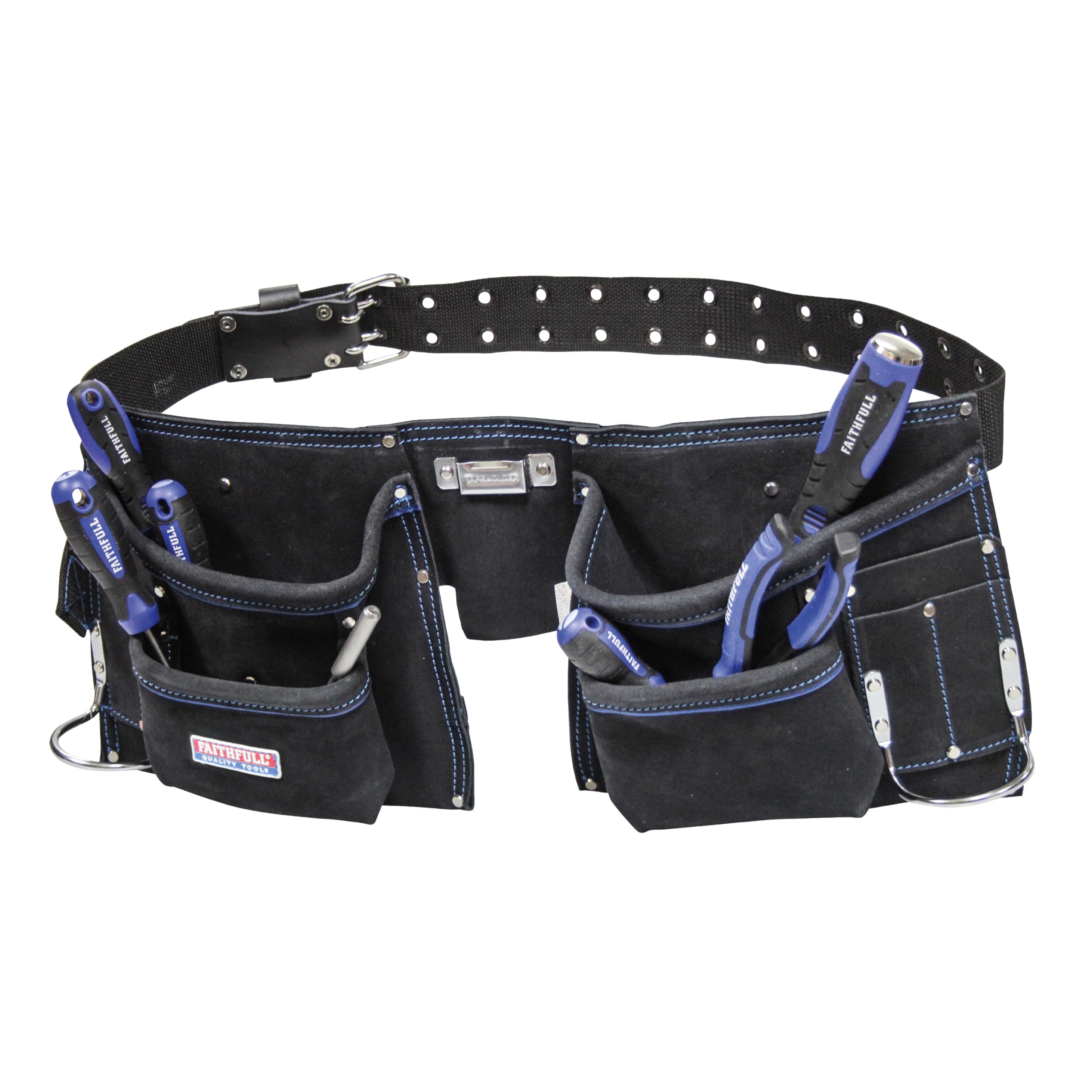 Faithfull Suede Leather Double Tool & Nail Pouch – 10 Pocket Tool Belt with Hammer Loops & Adjustable Eyelet Belt (Fit: 32-44 Inch) for Carpenters, Roofers & Joiners - Black