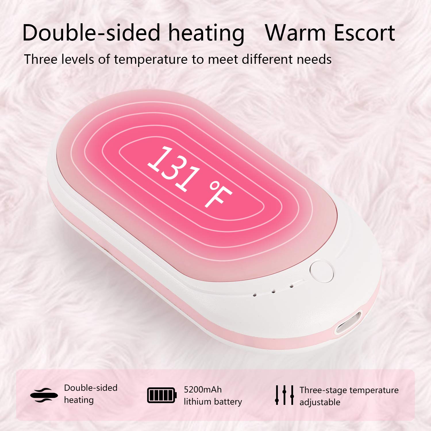 LOMIDA Hand Warmers Rechargeable 5200mAh Power Bank 2-in-1 Portable Battery Charger, Electric Double-Side Pocket Reusable Hand Warmers, Best Gift for Women and Men in Winter (Pink)