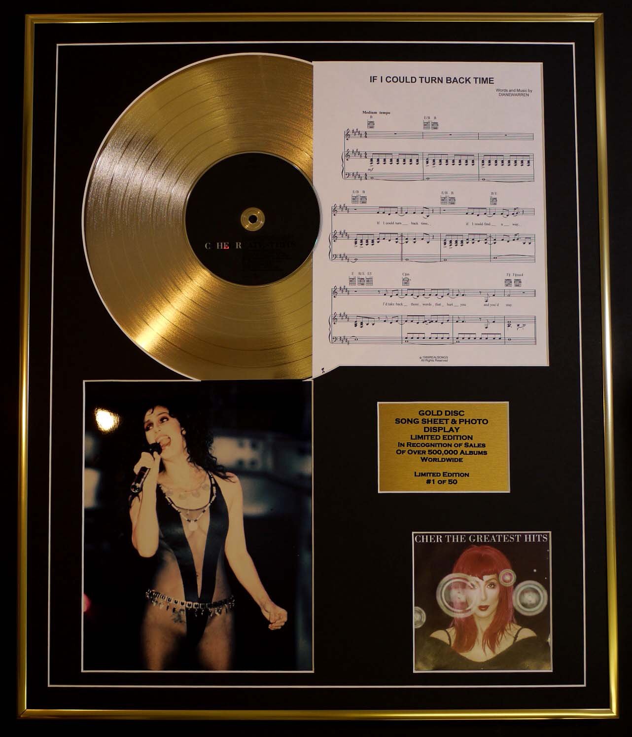 CHER/CD GOLD DISC, SONG SHEET & PHOTO DISPLAY/LTD. EDITION/COA/ALBUM, GREATEST HITS/SONG SHEET, IF I COULD TURN BACK TIME