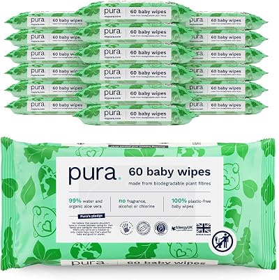 Pura Baby Wipes 18 Pack 1080 Total Plastic-Free 99% Water Biodegradable