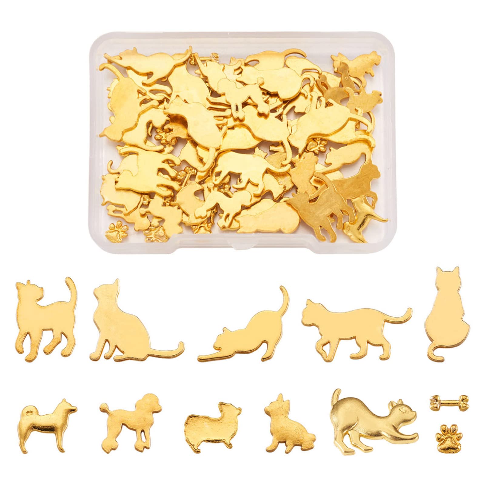 Beadthoven 60pcs Cat Dog Pet Theme Golden Resin Fillers 12 Styles Alloy Cabochons Flat Back Epoxy Resin Supplies for UV Resin Fillers Jewelry Making Crafting
