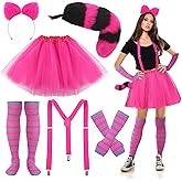 Liitrsh 6 Pcs Striped Cat Costume for Women with Pink and Purple Striped Cat Sock Arm Cover Cat Tail Faux Fur Ear Headband Suspender Clip Tutu Tulle Petticoat for Halloween Cosplay
