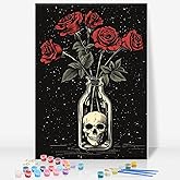 Framed Paint by Numbers Kit for Adults Beginner, Skull and Roses Easy Paint by Number Kits on Canvas Framed, Skull DIY Acrylic Oil Painting by Numbers with Frame for Gift Home Decor 8 x 12 inch