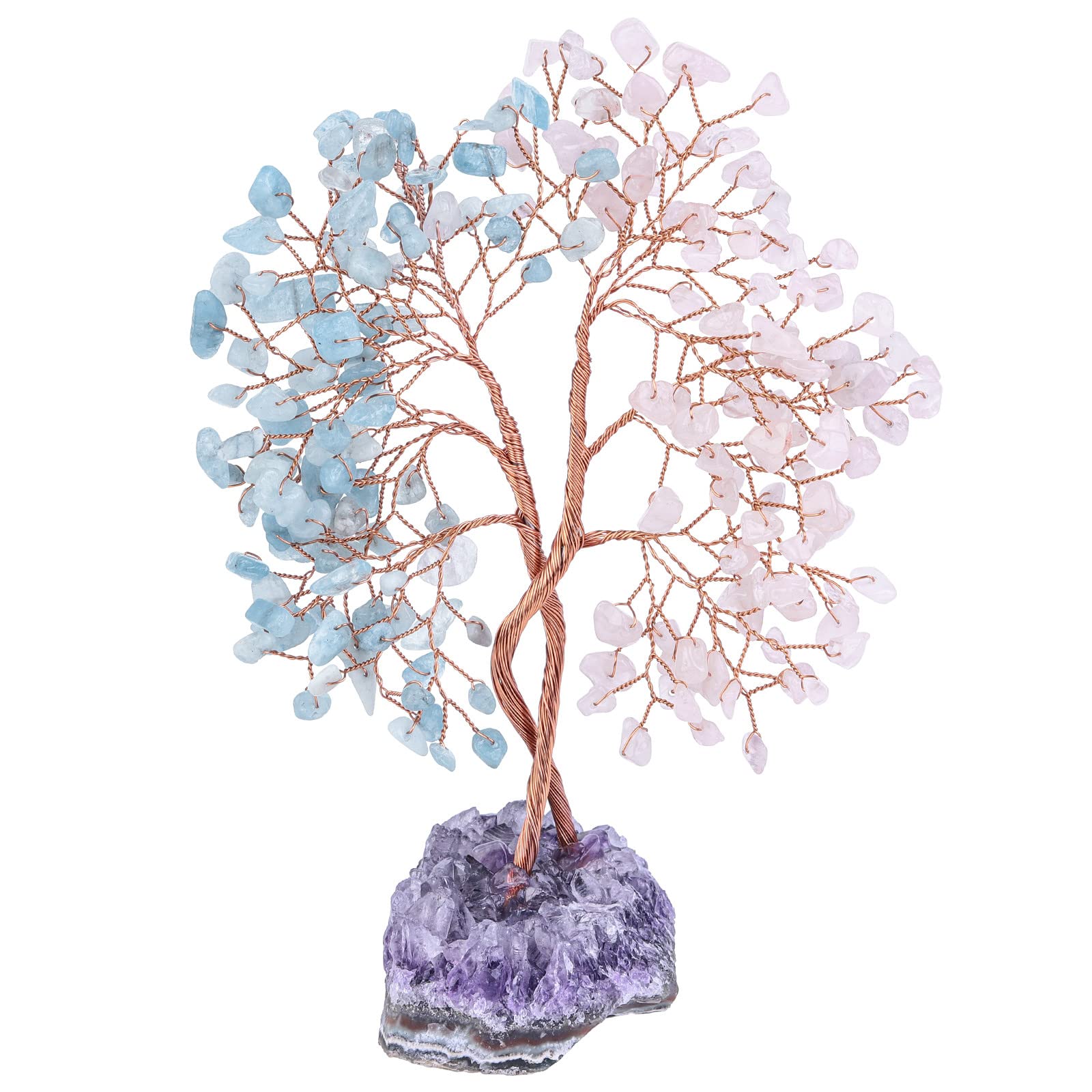 Nupuyai Aquamarine & Rose Quartz Crystal Tree with Amethyst Cluster Base, Twining Money Tree Figurines Fengshui Ornament for Home Office Wedding Decor