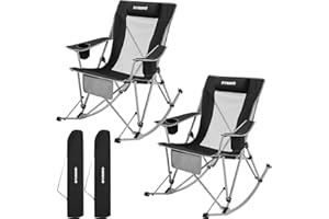 FUNDANGO Rocking Camping Chair, 2 Pack High Mesh Back Portable Folding Camp Chairs with Pillows, Cup Holder and Carry Bag for Lawn Patio Garden Outdoor Supports 300 Lbs (Black/Grey)