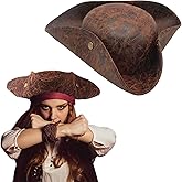 Zonlianxin Renaissance Pirate Hat, Halloween Caribbean Pirate Cosplay Costume Accessories for Men and Women, Brown Faux Leather Triangular Hat