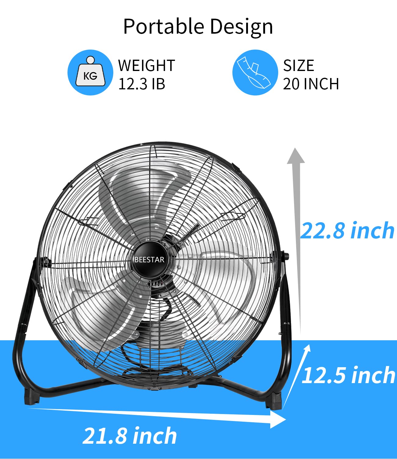 BEESTAR 20 Inch Floor Fan,High Velocity Fan with 3-Speeds&Adjustable Tilting Head,Heavy Duty Metal Industrial Fan for Shop, Garage,Commercial, Residential, and Greenhouse,Black (20 INCH)