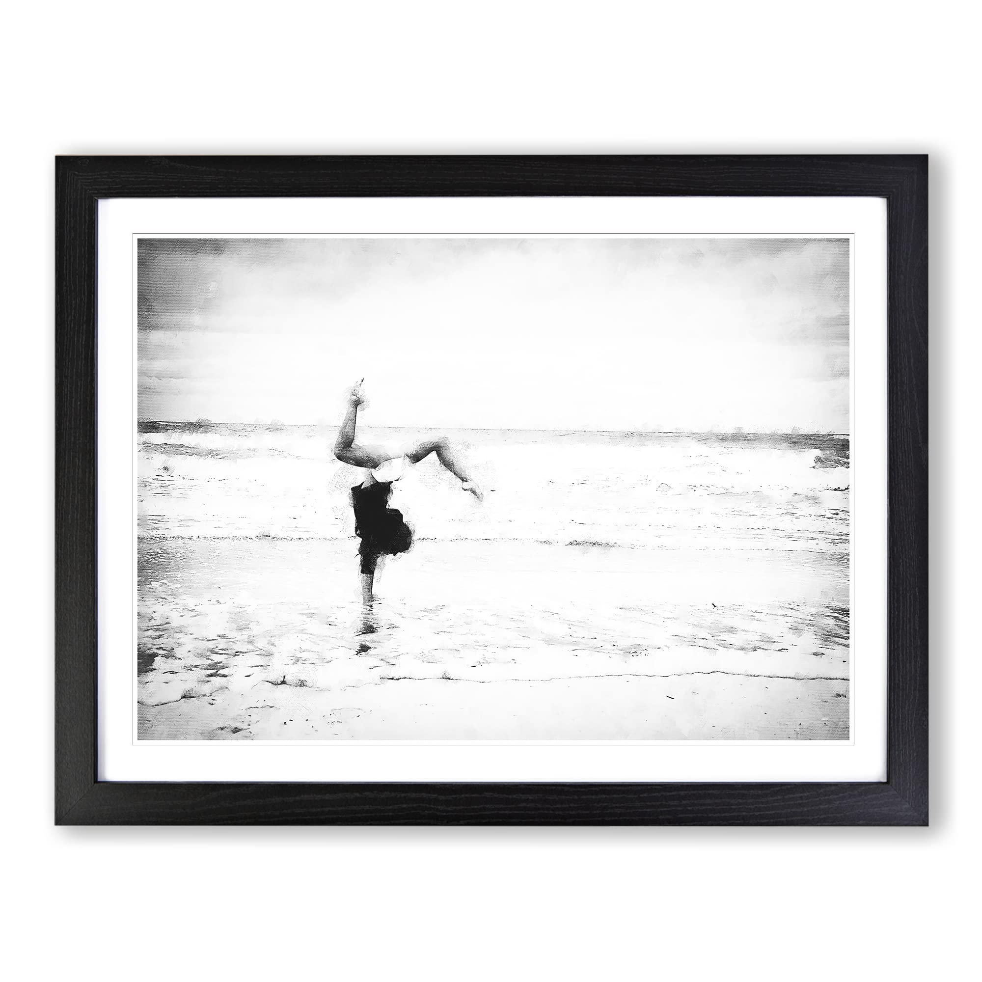 Gymnastics On The Beach Painting Modern Art Framed Print | A4 Black Framed Wall Art | Ready to Hang | Modern Beach Picture | Living Room Bedroom Lounge Office