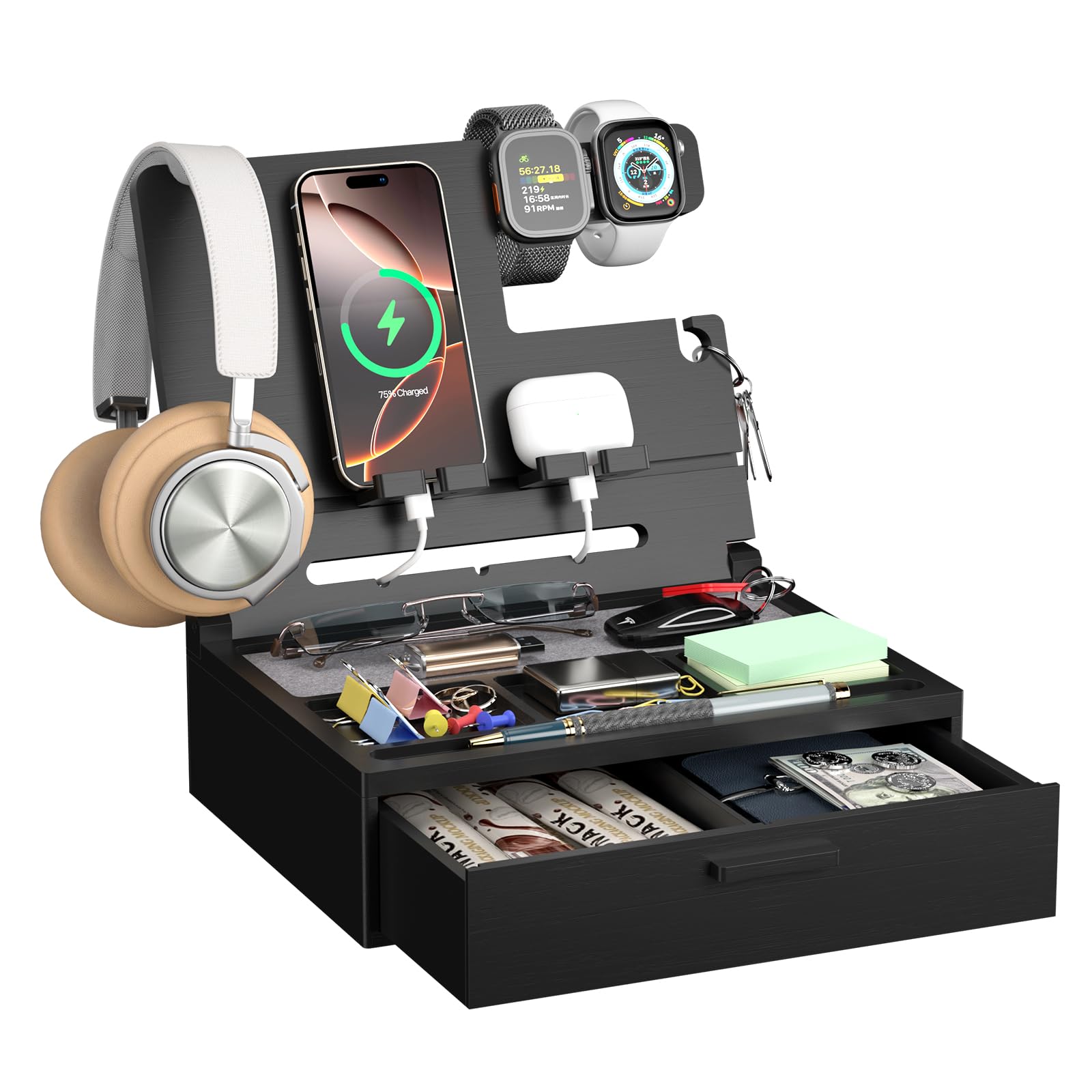 Pezin & Hulin Bamboo Phone Docking Station with Drawer, Foldable Nightstand Charging Organizer for Men and Women (Black)