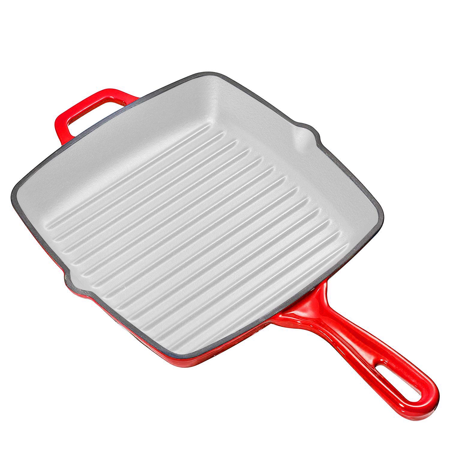 Bruntmor Pre-Seasoned 10 Inch Red Square Cast Iron Pan | Indoor Grill | Cast iron Skillet Flat Top Grill with Easy Grease Draining for Grilling Bacon, Steak, and Meats, Stove, Fire and Microwave Safe