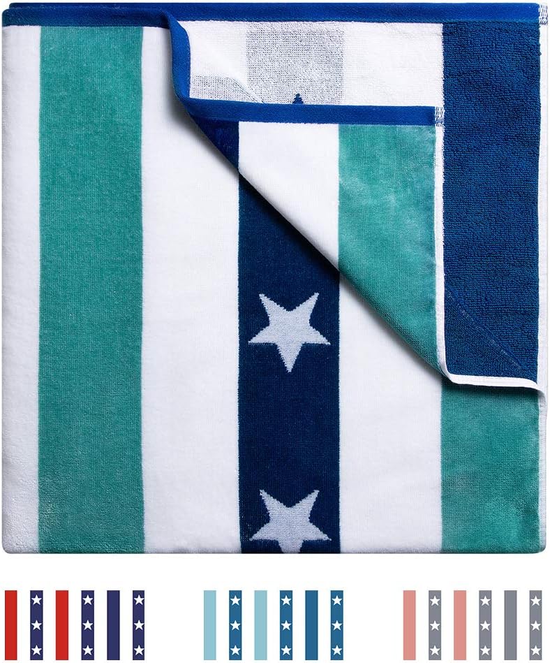 FORESTLANG Large Oversized Beach Towels - Fluffy 70 x 35 Inch Blue Cotton Velour Star Striped Pool Towel, Plush Cabana Summer Swim Towel (Blue)