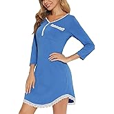 Yukiuiny Women's Sleep Dresse 3/4 Long Sleeve Lace Trim Pocket Loose Fit Sleepwear