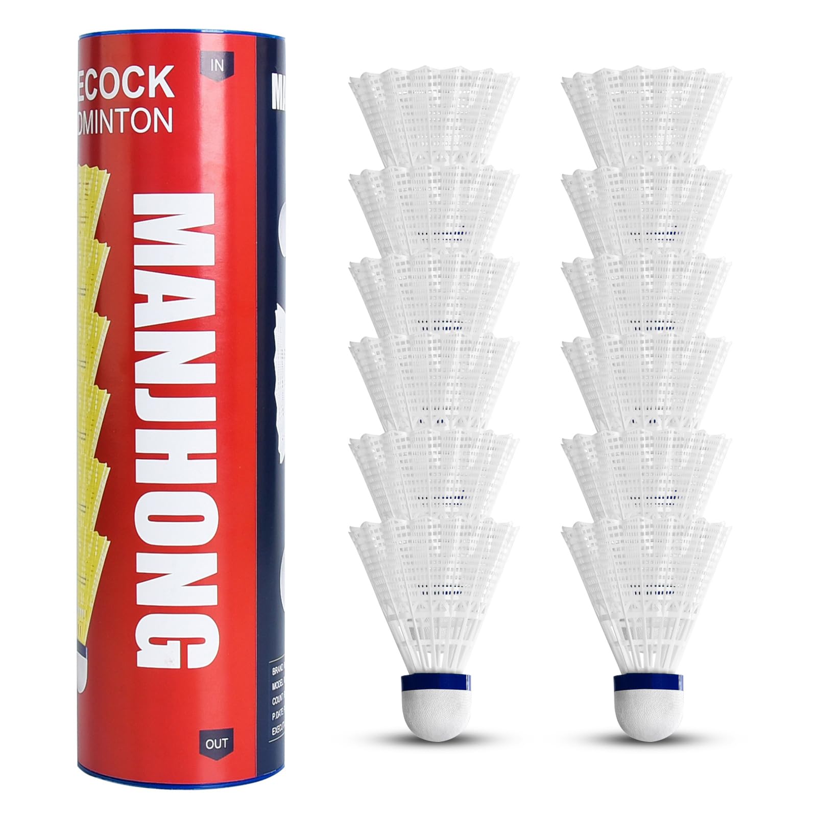 MANJHONG Badminton Nylon Shuttlecocks Cork Base, Great Durability & Stability Shuttles for Indoor Outdoor Practice Training, White 12PK