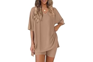 PRETTYGARDEN 2 Piece Sets for Women Summer 2026 Lounge Short Set Spring Matching Biker Shorts V Neck Oversized Shirt Clothing