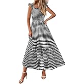 PRETTYGARDEN Womens Summer Dress Casual Square Neck Ruffle Strap Gingham Smocked Midi Flowy A Line Beach Vacation Sun Dresses