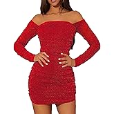 MOEENCN Women Mesh Dress Sparkly Long Sleeve Square Collar Pleated Bodycon Dresses Party Night Club Outfits